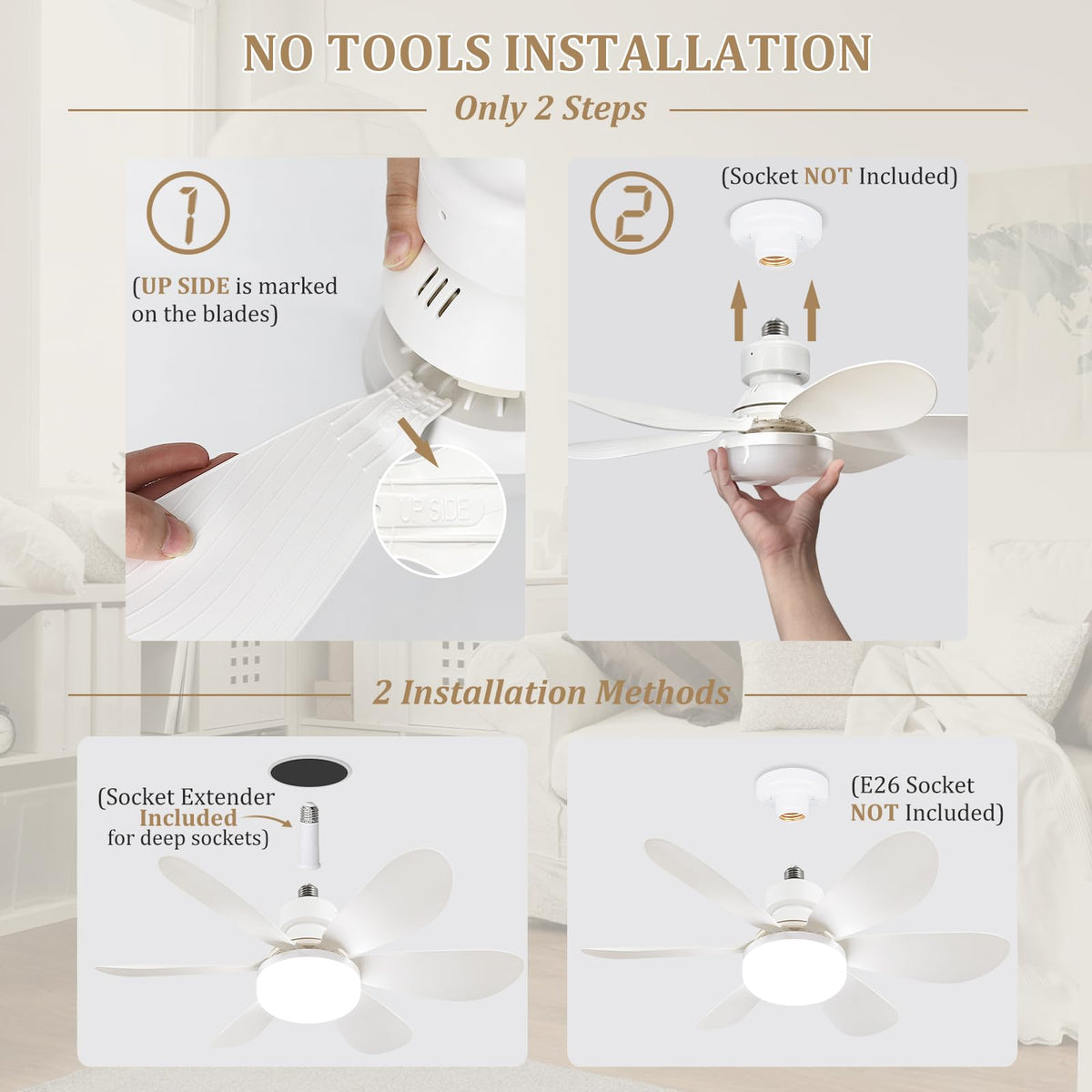 LED Ceiling Fan Light with Remote Control, Dimmable Lighting and E27 Socket Design for Small Rooms