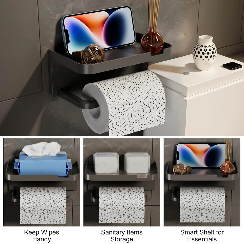 Toilet Paper Holder with Phone Shelf Space Aluminum for Bathroom Wall Mount Storage
