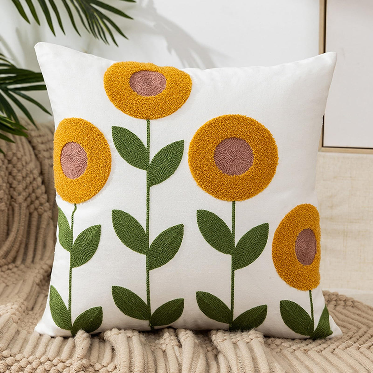 Embroidered Floral Throw Pillow Cover 18x18 Inch Cotton Canvas with Hidden Zipper for Sofa, Bed, and Living Room Decor