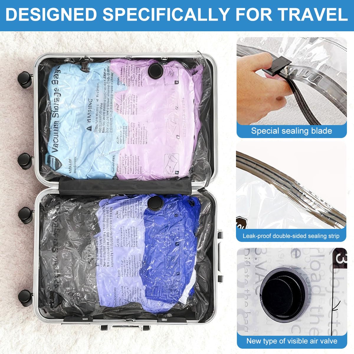 Vacuum Storage Bags with USB Electric Pump and Double Zipper Seal for Travel Compression (Included 8 Vacuum Storage bags + 1 Electric pump)