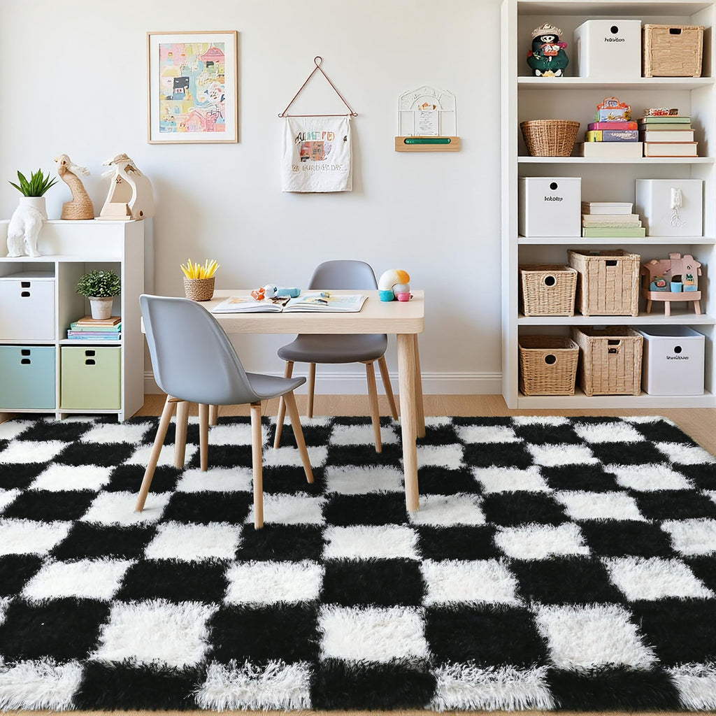 Nordic-Style Soft Plush Checkered Rug for Living Room, Bedroom, Bedside, or Sofa, Fluffy Polyester Carpet for Home Decoration