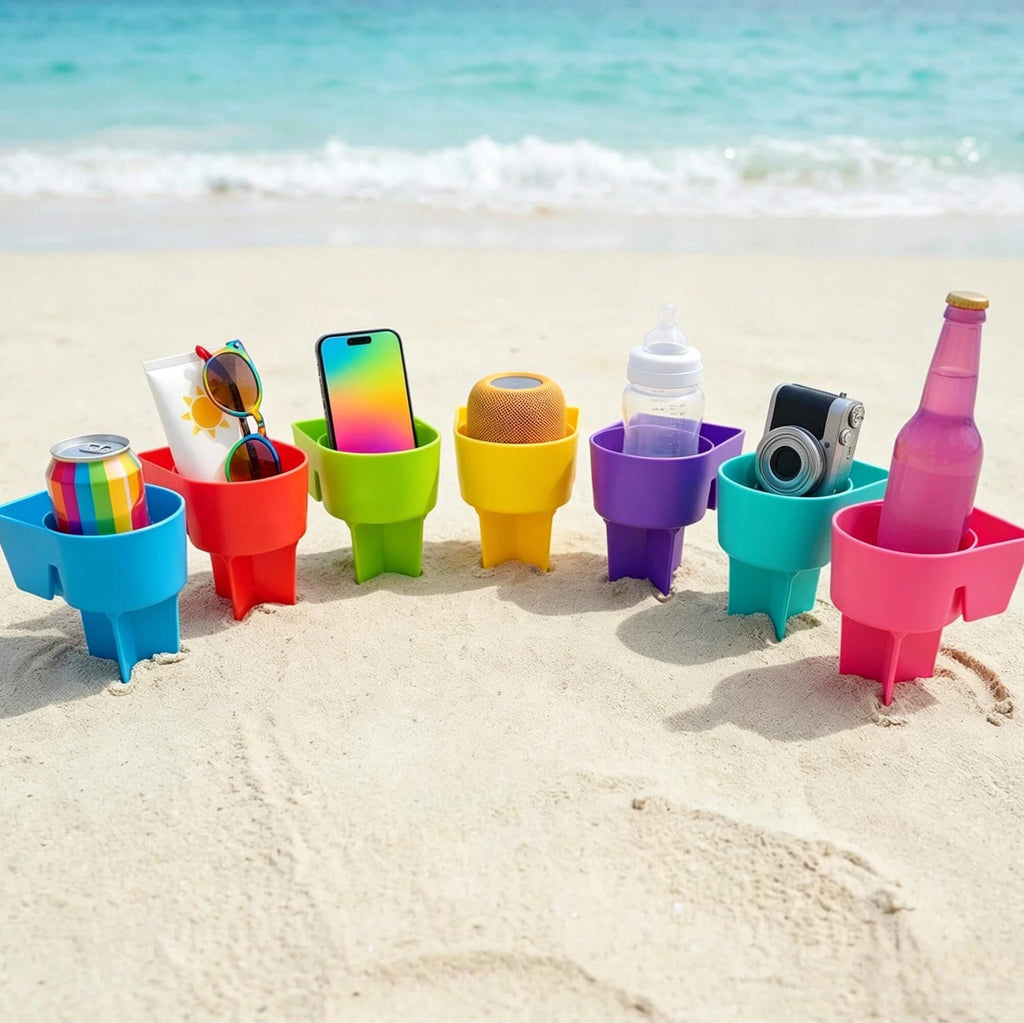 Beach Cup Holder with Ground Stake and Storage Tray Design for Drinks Phones Snacks and Outdoor Use