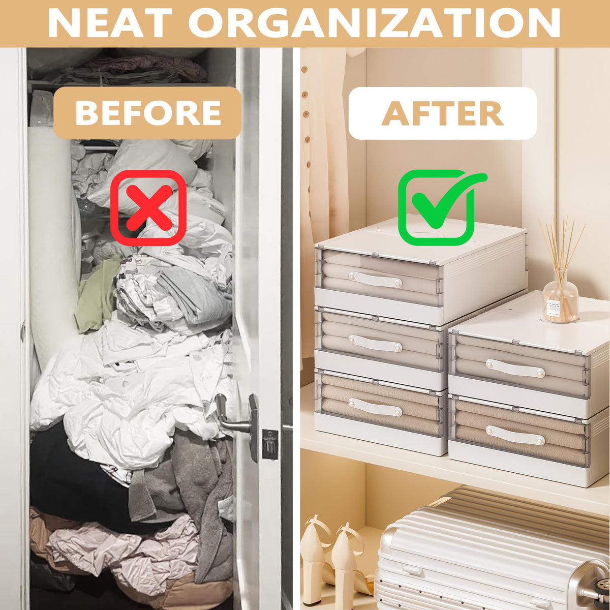 Foldable Linen Storage Box with Transparent Drawer Design for Bedding and Closet Organization