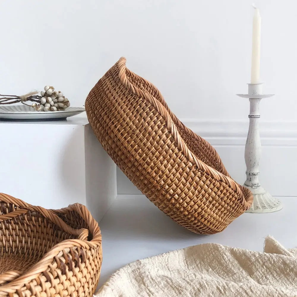 Handwoven Rattan Storage Basket Set of 3 Round Wicker Serving Trays for Kitchen and Countertop