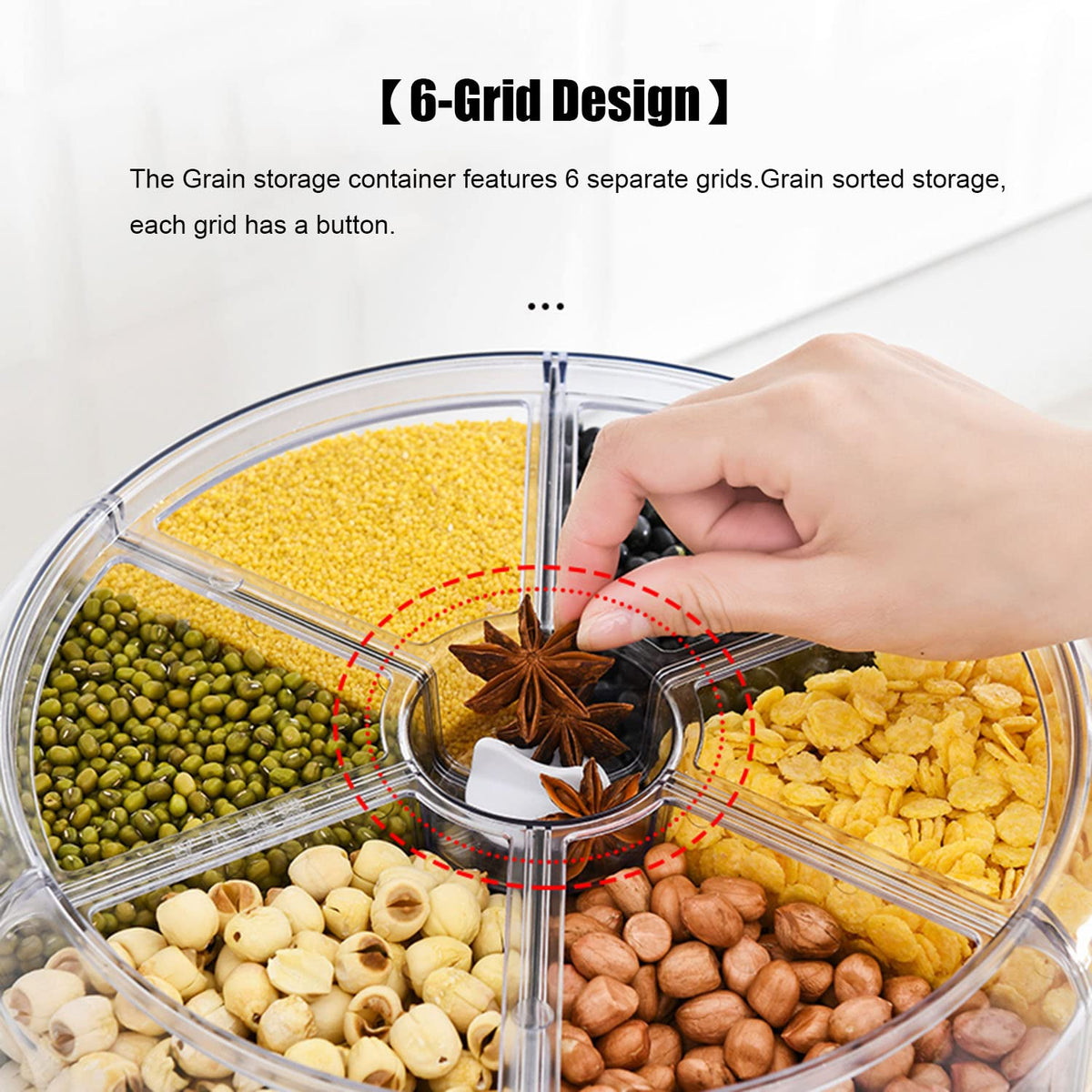 Rotating Food Dispenser with 6-Grid Airtight Design for Grains Cereal Rice and Dry Goods