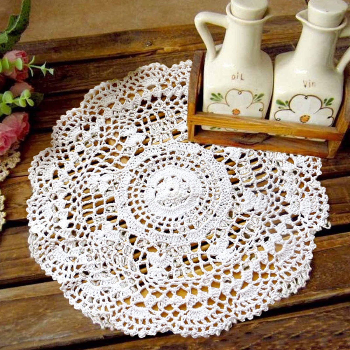 Round Crochet Lace Doily with Handmade Cotton Design for Table Settings, Mantel Décor and Wedding Displays
