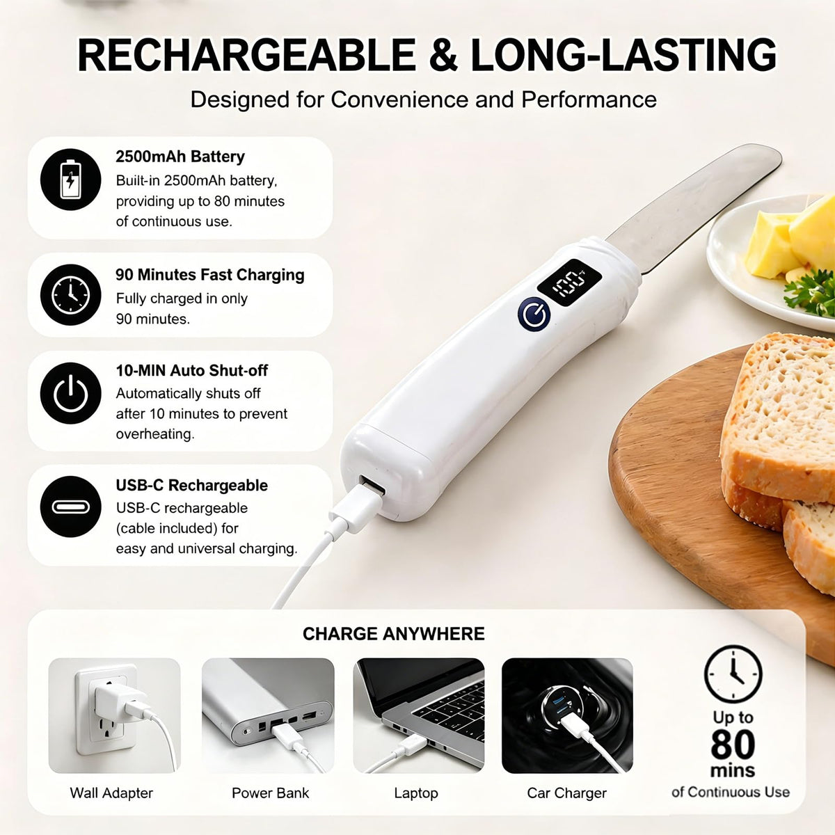 USB Rechargeable Heated Butter Knife with Stainless Steel Spreader Design for Butter Cheese and Toast