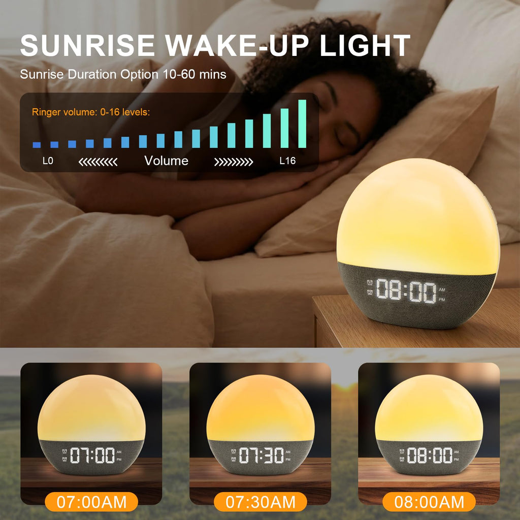 Sunrise Wake-Up Alarm Light with White Noise, Bluetooth Speaker, and Color-Changing Night Lamp for Bedroom