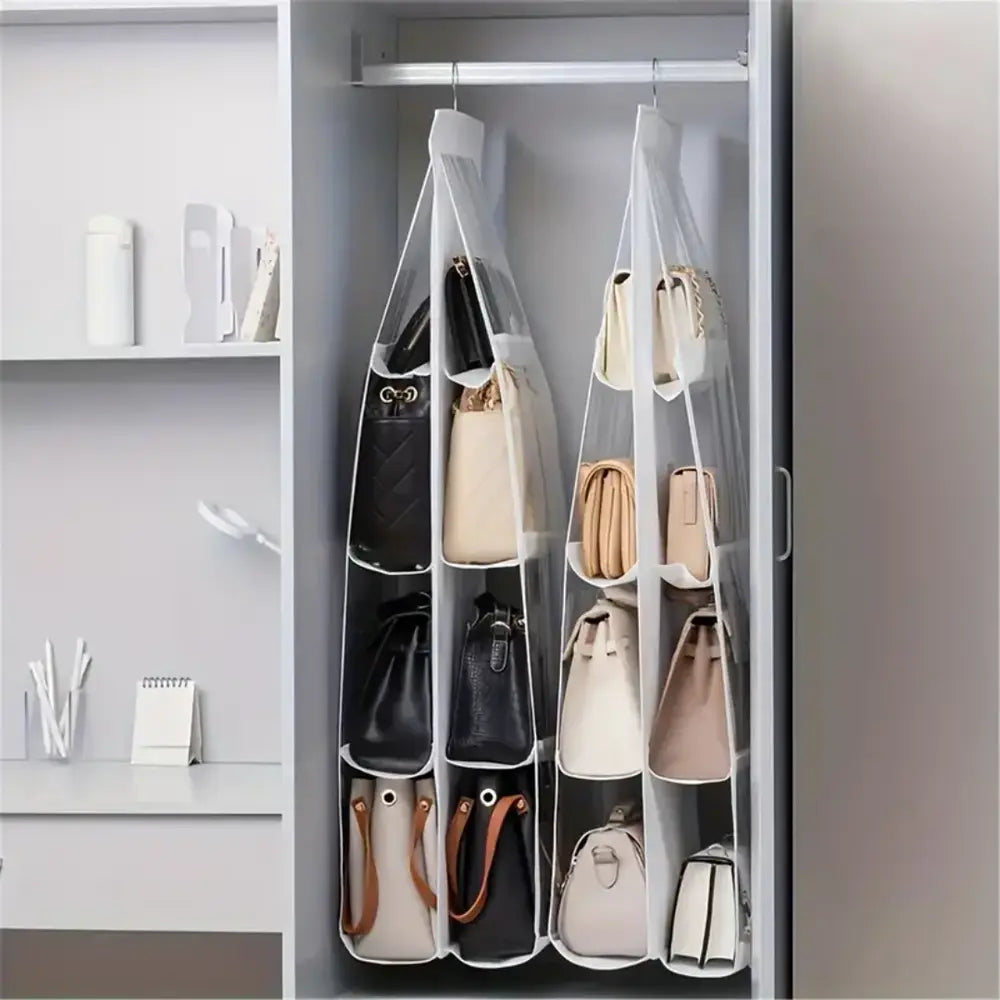 8 Pocket Hanging Handbag Organizer with Transparent Windows and Stainless Steel Hook for Closet Handbag Storage