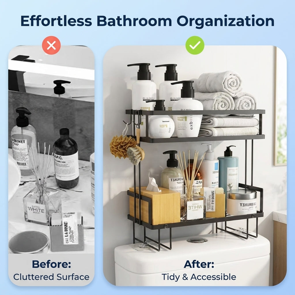 No Drill Over Toilet Storage Shelf with 2 Tier Design for Bathroom Essentials, Towels, and Toiletries