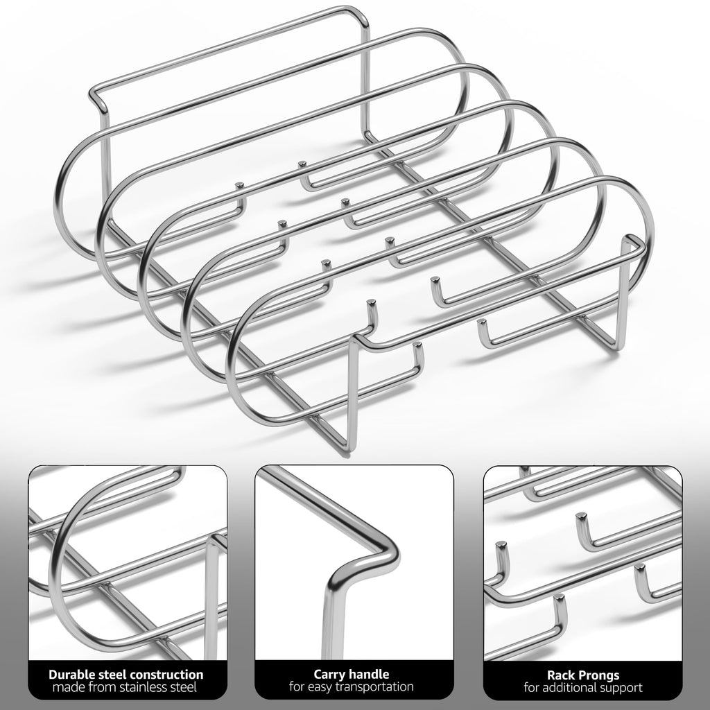 Non Stick BBQ Rib Rack Steel Roasting Stand for Grilling 4 Ribs on Gas Grill or Smoker