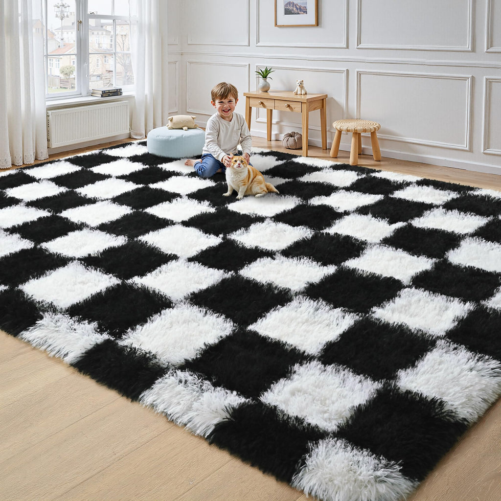 Nordic-Style Soft Plush Checkered Rug for Living Room, Bedroom, Bedside, or Sofa, Fluffy Polyester Carpet for Home Decoration