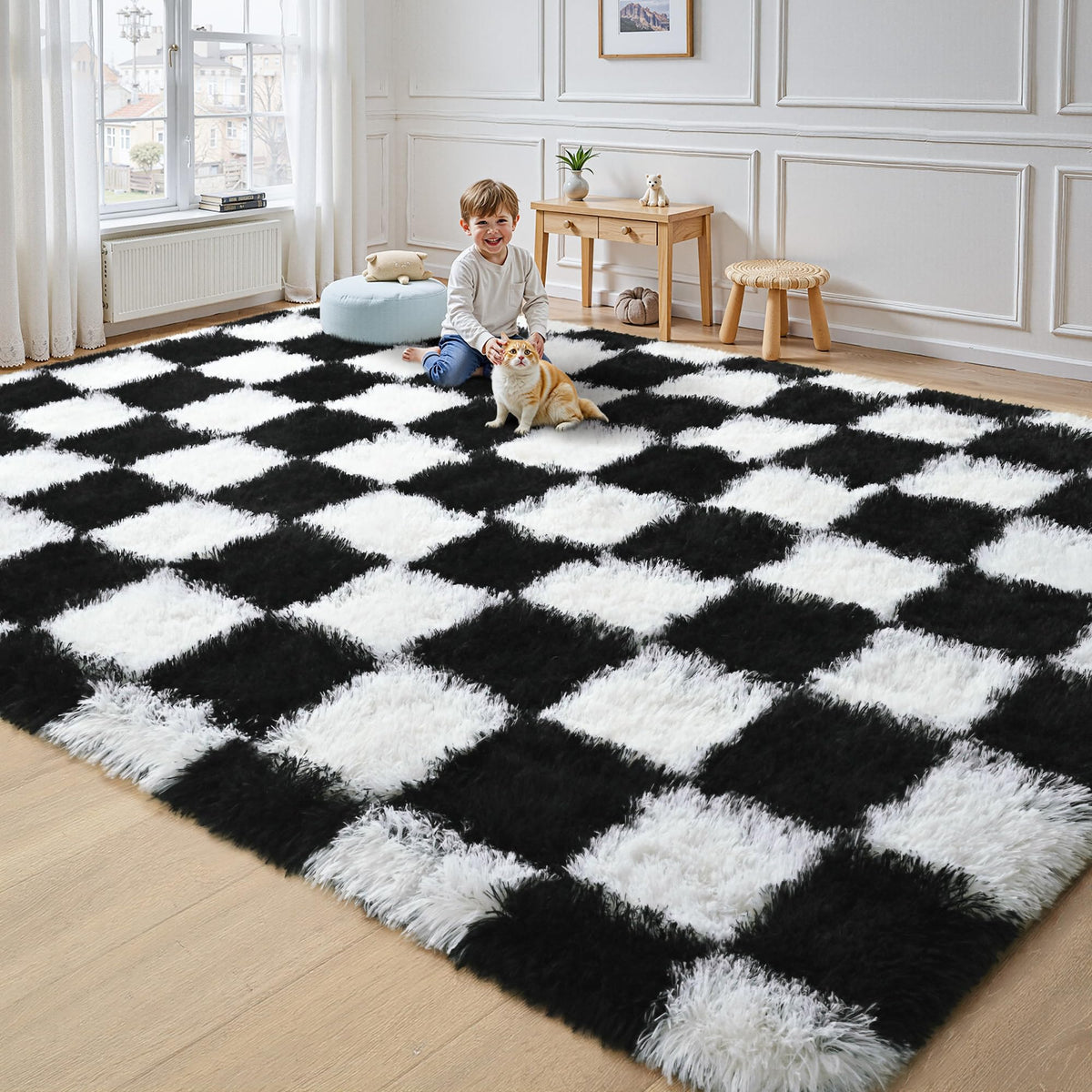 Nordic-Style Soft Plush Checkered Rug for Living Room, Bedroom, Bedside, or Sofa, Fluffy Polyester Carpet for Home Decoration