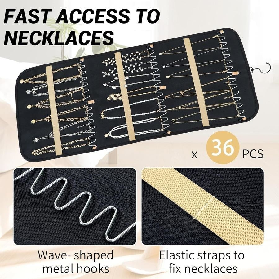Double Sided Hanging Jewelry Organizer Roll with Metal Hooks for Earrings Necklaces Rings Storage