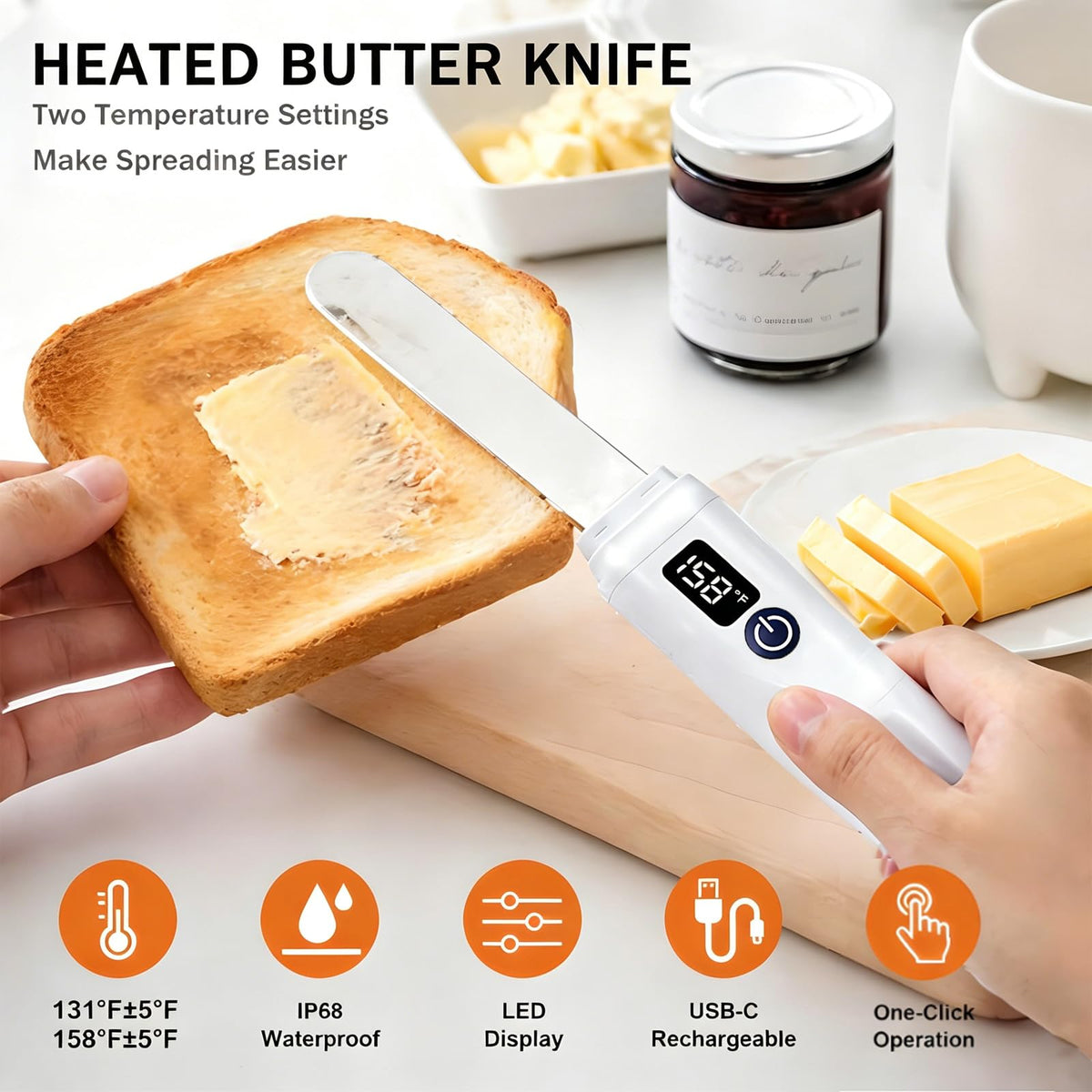 USB Rechargeable Heated Butter Knife with Stainless Steel Spreader Design for Butter Cheese and Toast