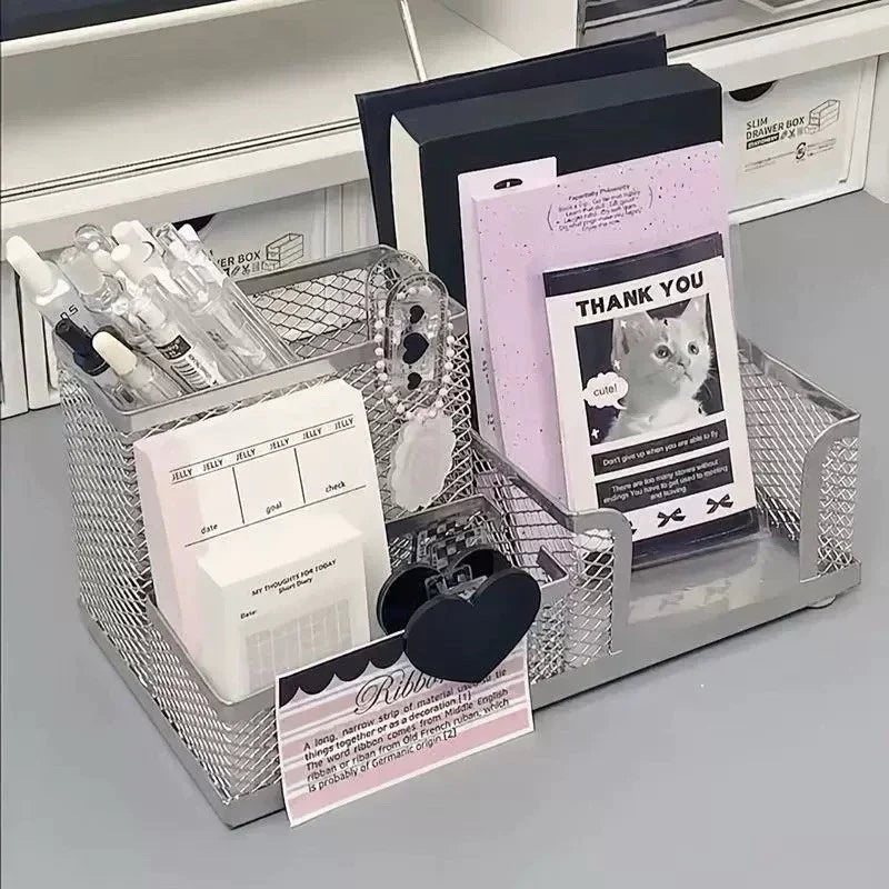 Mesh Desk Organizer with Metal Pencil Holder and 3 Compartments for Office Supplies and Desktop Accessories