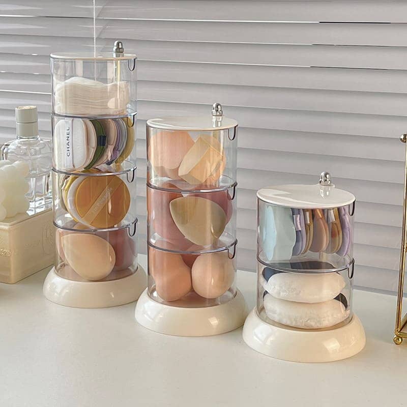 Rotatable Stackable Makeup Sponge Organizer with Dustproof Clear Storage Design for Vanity and Cosmetics