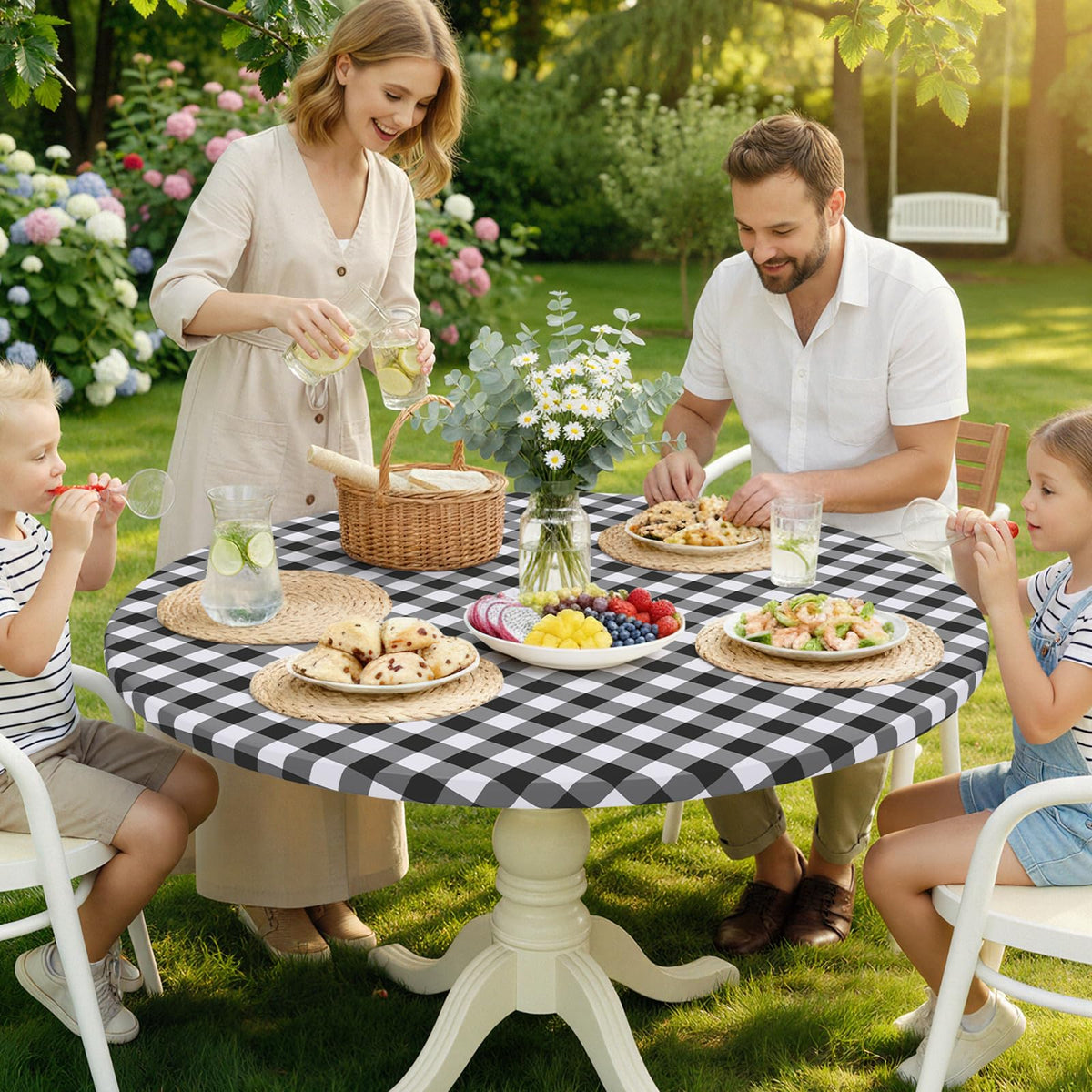 Elastic Fitted Round Vinyl Tablecloth Waterproof Table Cover for Dining Table Party Camping Use