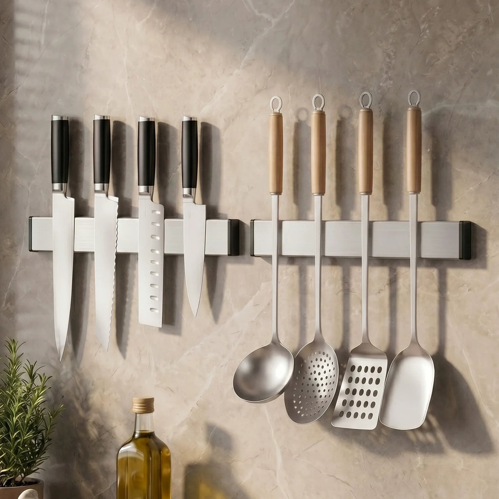 Magnetic Knife Holder with 304 Stainless Steel Strip and Hooks for Wall-Mounted Kitchen Storage