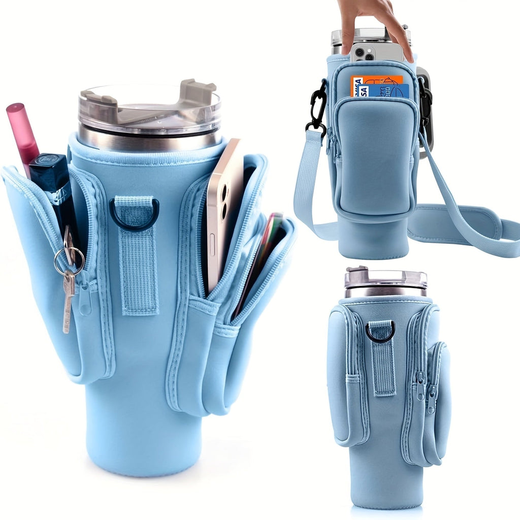 Crossbody Tumbler Carrier with Insulated Neoprene Sleeve and Storage Pockets for 30oz and 40oz Tumblers