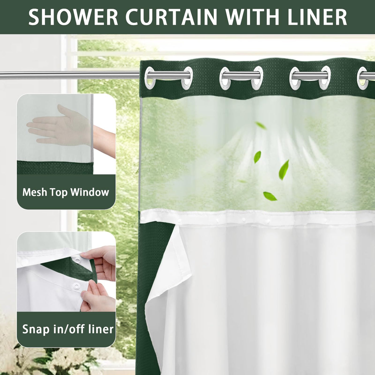 No Hook Shower Curtain with Snap In Liner and Waffle Weave Design for Bathroom Use