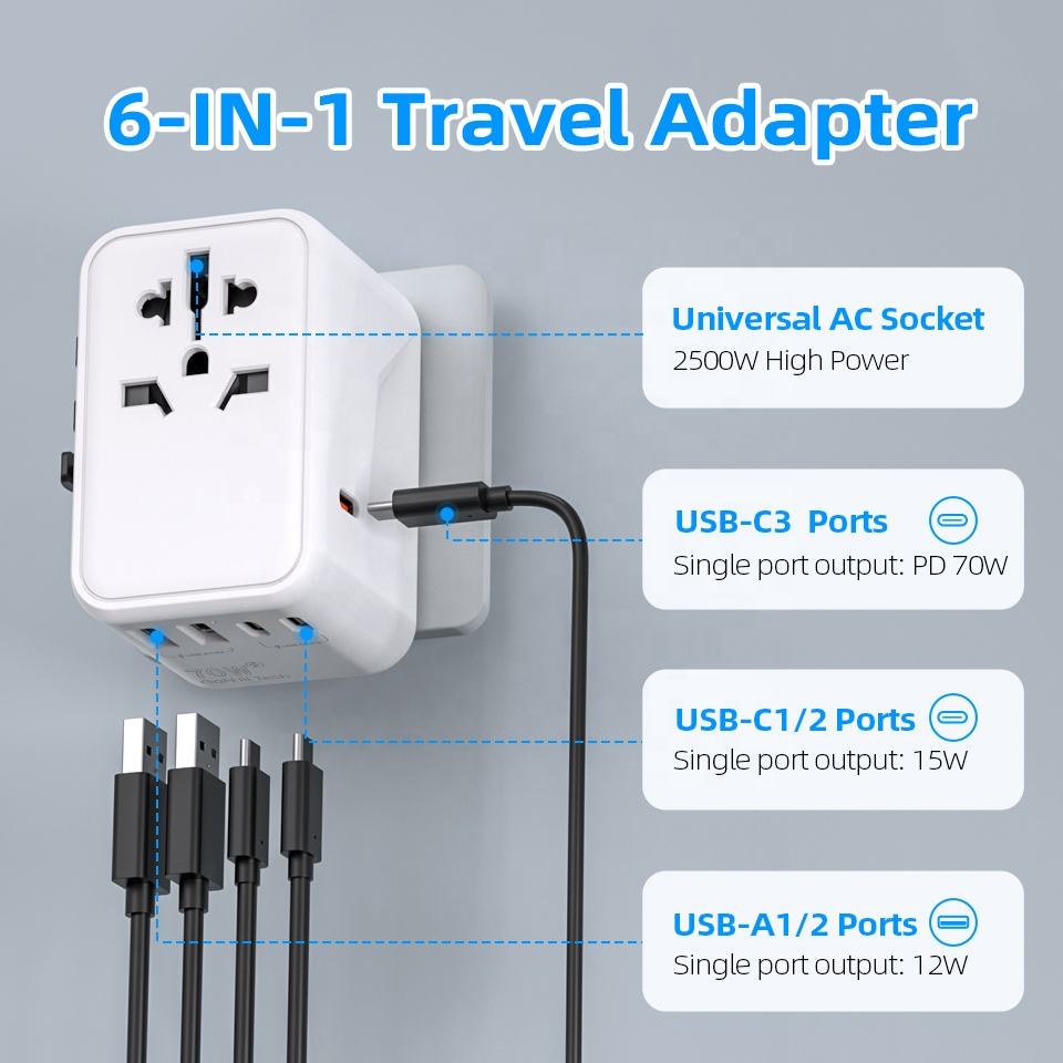 20W 2U-2C Universal Travel Adapter with USB and Type C Ports for International Charging During Travel
