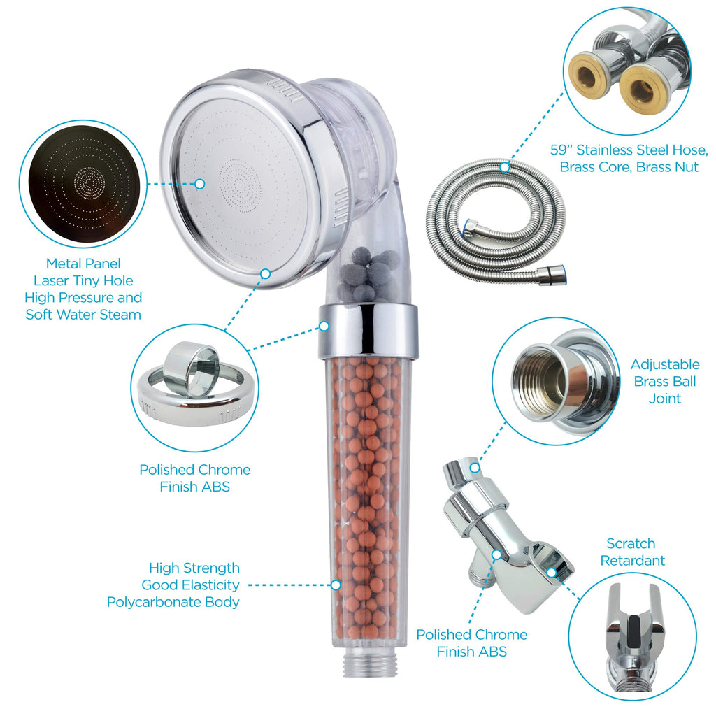 3-Mode Mineral Shower Head with On-Off Switch and High Pressure Filter Design for Bathroom Use