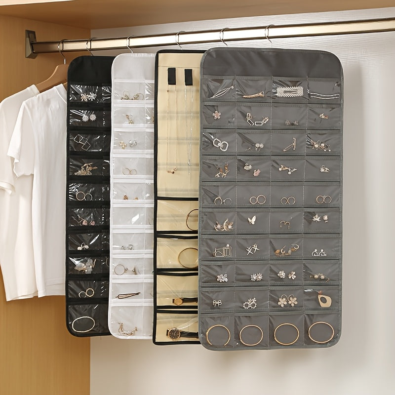 Double Sided Hanging Jewelry Organizer Roll with Metal Hooks for Earrings Necklaces Rings Storage