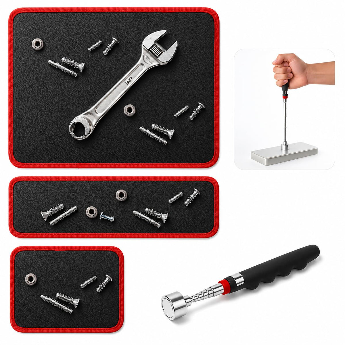 Magnetic Tool Mat Set with Parts Mat and Telescoping Pickup Tool for Mechanics Repairs and Small Hardware