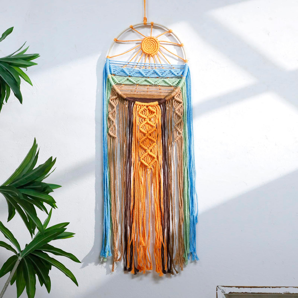 Boho Macrame Sunrise Wall Hanging Cotton Dream Catcher Style Tapestry for Bedroom Living Room Decor