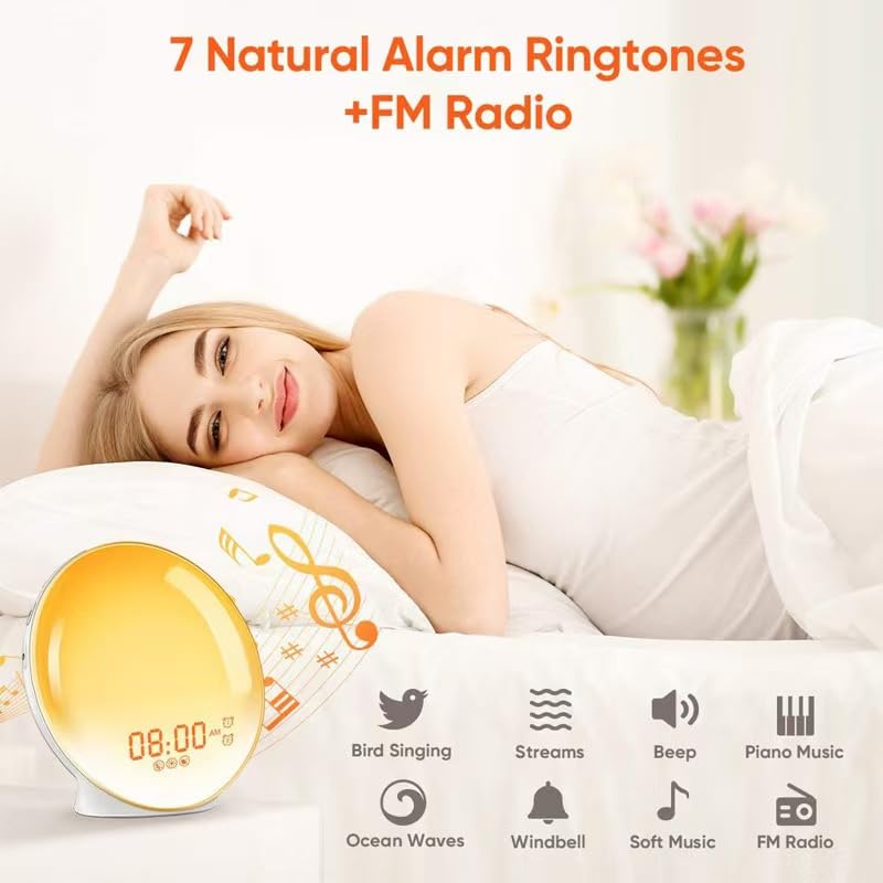 Morning Glow Alarm Clock with Sunrise/Sunset Simulation, Wake Up Light, FM Radio, Night Light, and Digital Display