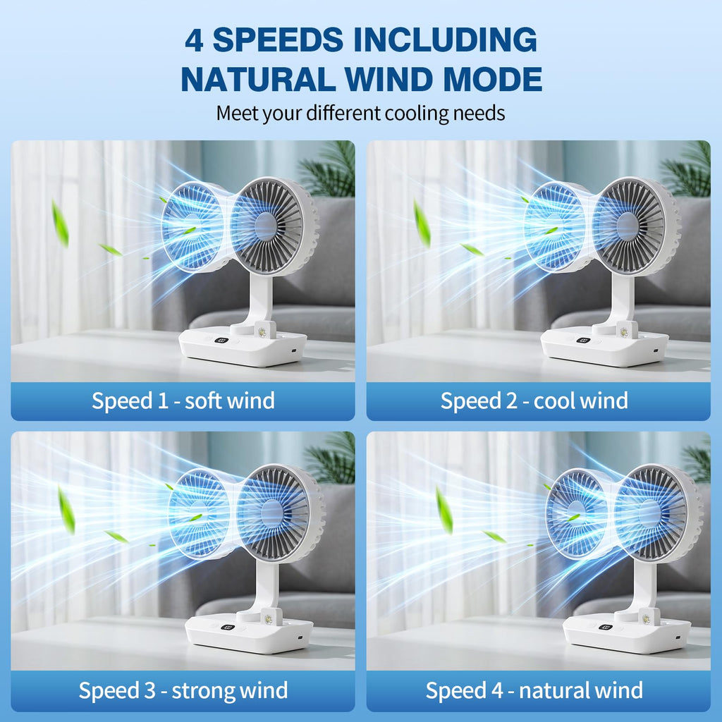 Double Head Rechargeable Table Fan with 4 Speed Settings, 8000mAh Battery and Digital Display for Home and Office