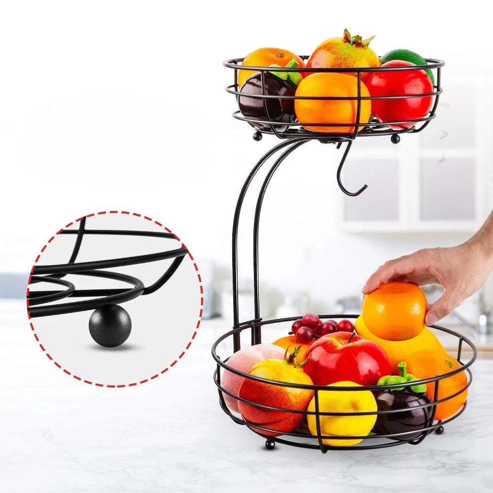 Metal Fruit Basket Stand with Two Tiers and Banana Hanger for Kitchen Countertop Storage