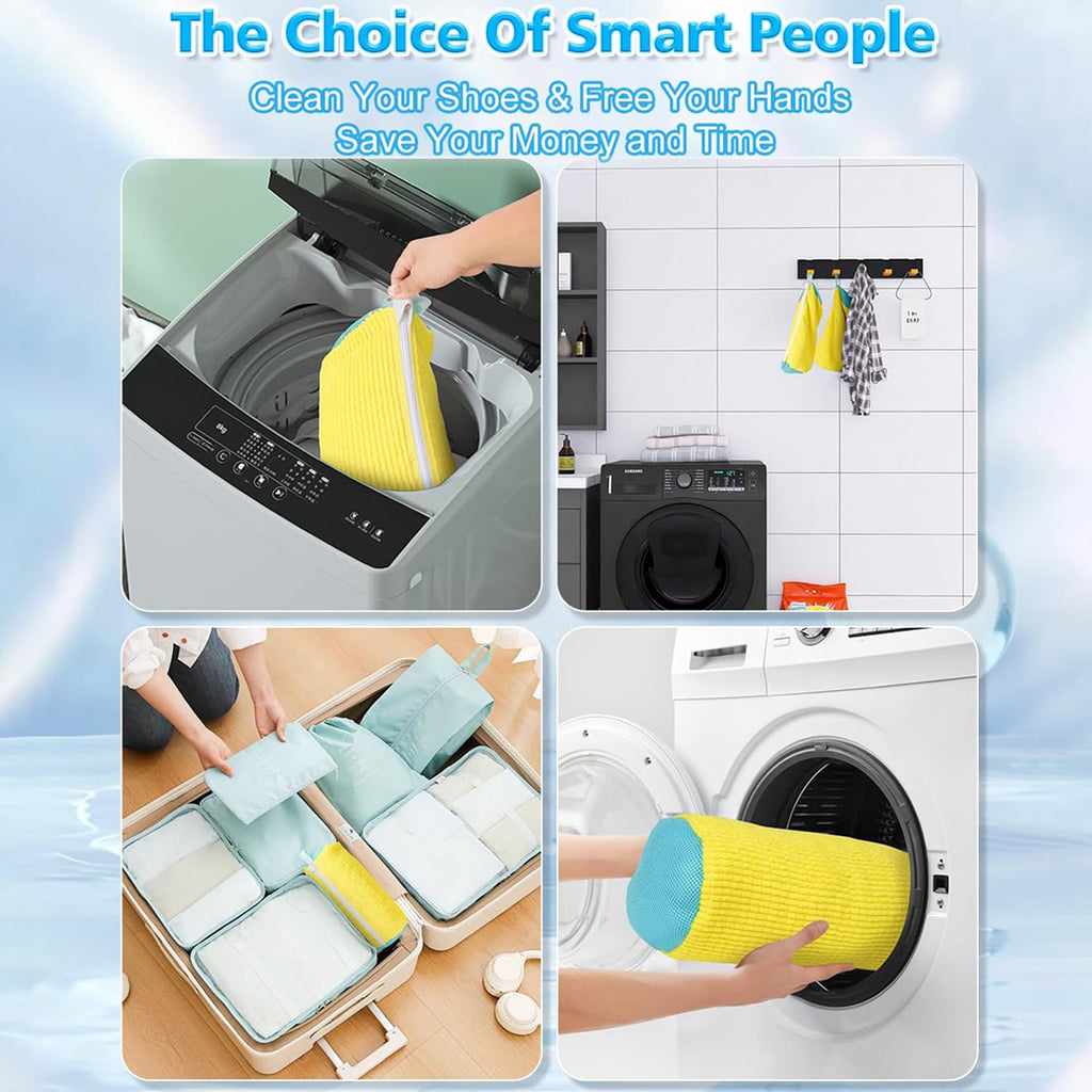 2Pcs Shoe Washing Machine Bag with Self Locking Zipper and Chenille Mesh Design for Washer Dryer Sneaker Cleaning (Brush & Shoes Bag Included)
