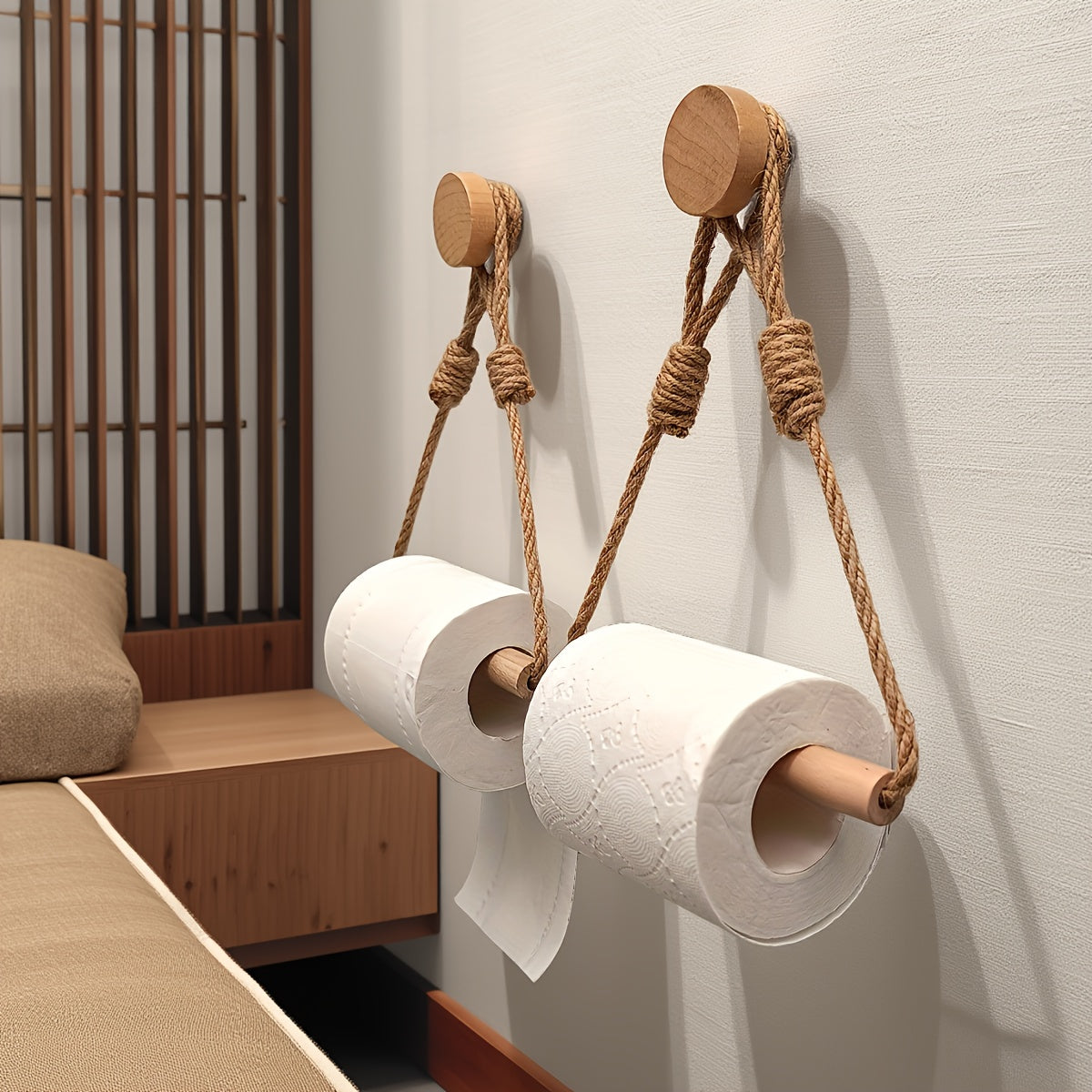 Rustic Rope Toilet Paper Holder with Wooden Wall Mounted Design for Bathroom Tissue Roll Organization (Exclude Paper)