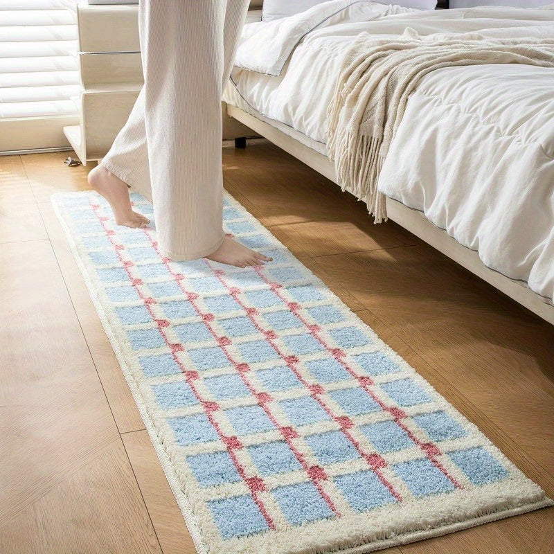 Geometric Bath Mat with Soft Flocking Fabric and Anti-Slip Base for Bathroom Use
