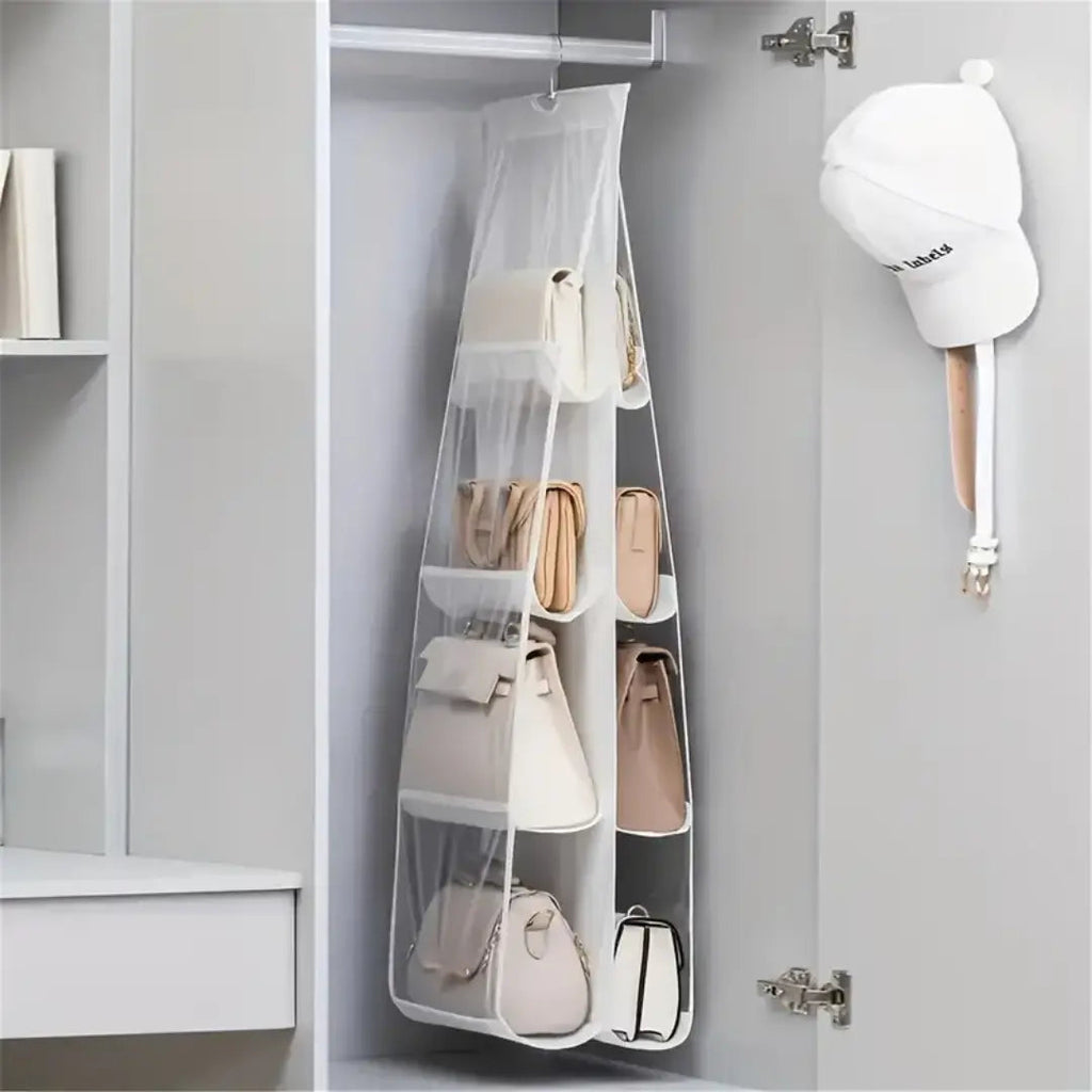 8 Pocket Hanging Handbag Organizer with Transparent Windows and Stainless Steel Hook for Closet Handbag Storage