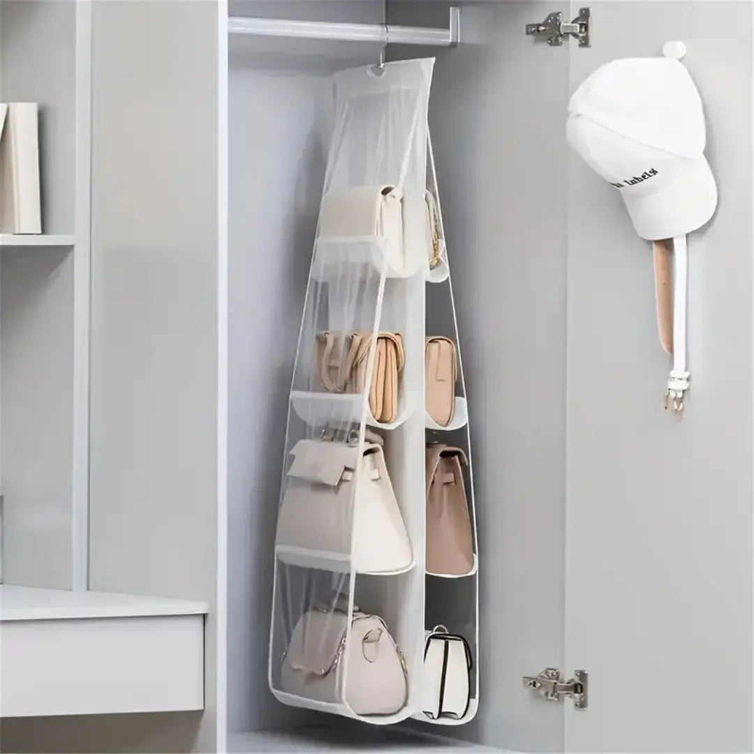 8 Pocket Hanging Handbag Organizer with Transparent Windows and Stainless Steel Hook for Closet Handbag Storage