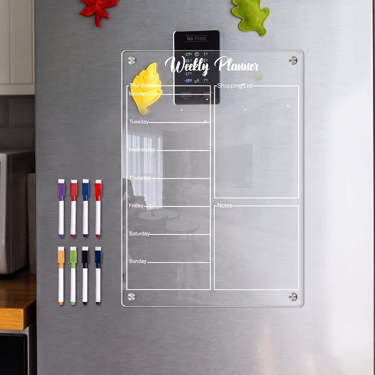Magnetic Weekly Planner with Transparent Acrylic Dry Erase Design for Refrigerator Schedules and Meal Planning