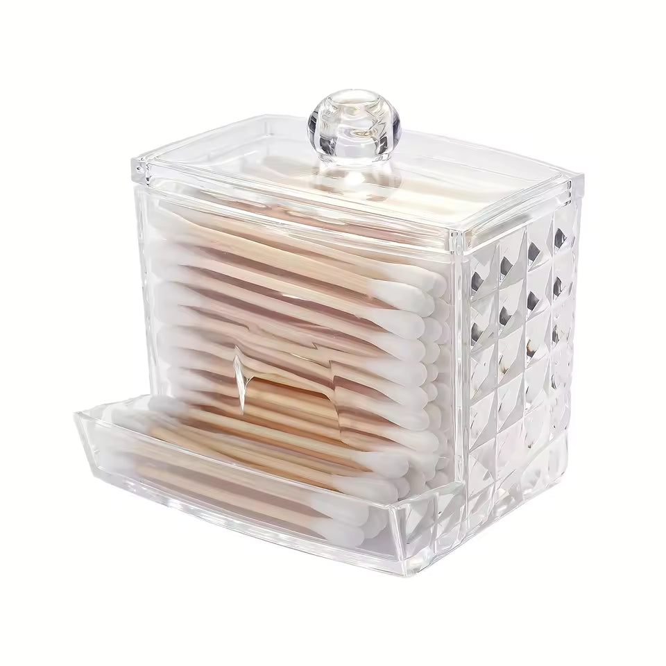 Cotton Swab Storage Box with Bamboo Lid Transparent Square Container for Bathroom Vanity and Toothpick Organization