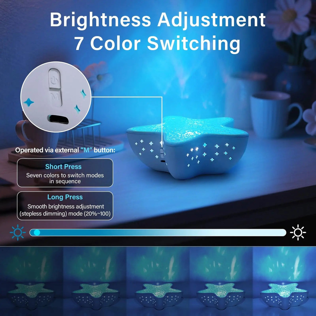 Starfish Projection Lamp with Seven Color Ocean Wave Lighting and USB Rechargeable Design for Bedroom and Ambient Room Decor