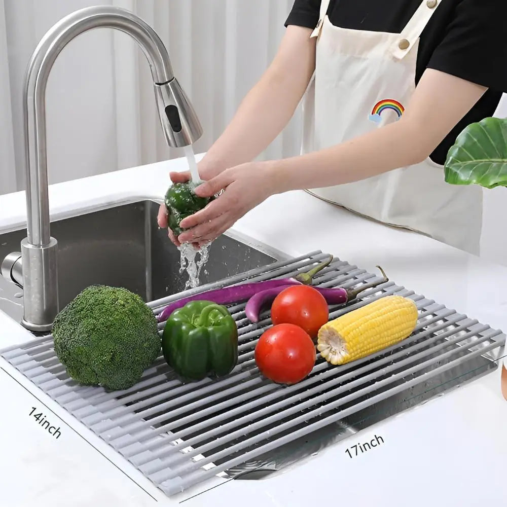 Over The Sink Roll Up Dish Drying Rack Stainless Steel Foldable Drainer 18x9 Inch