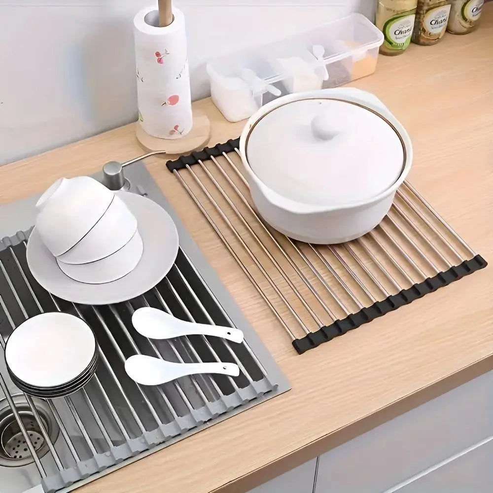 Over The Sink Roll Up Dish Drying Rack Stainless Steel Foldable Drainer 18x9 Inch