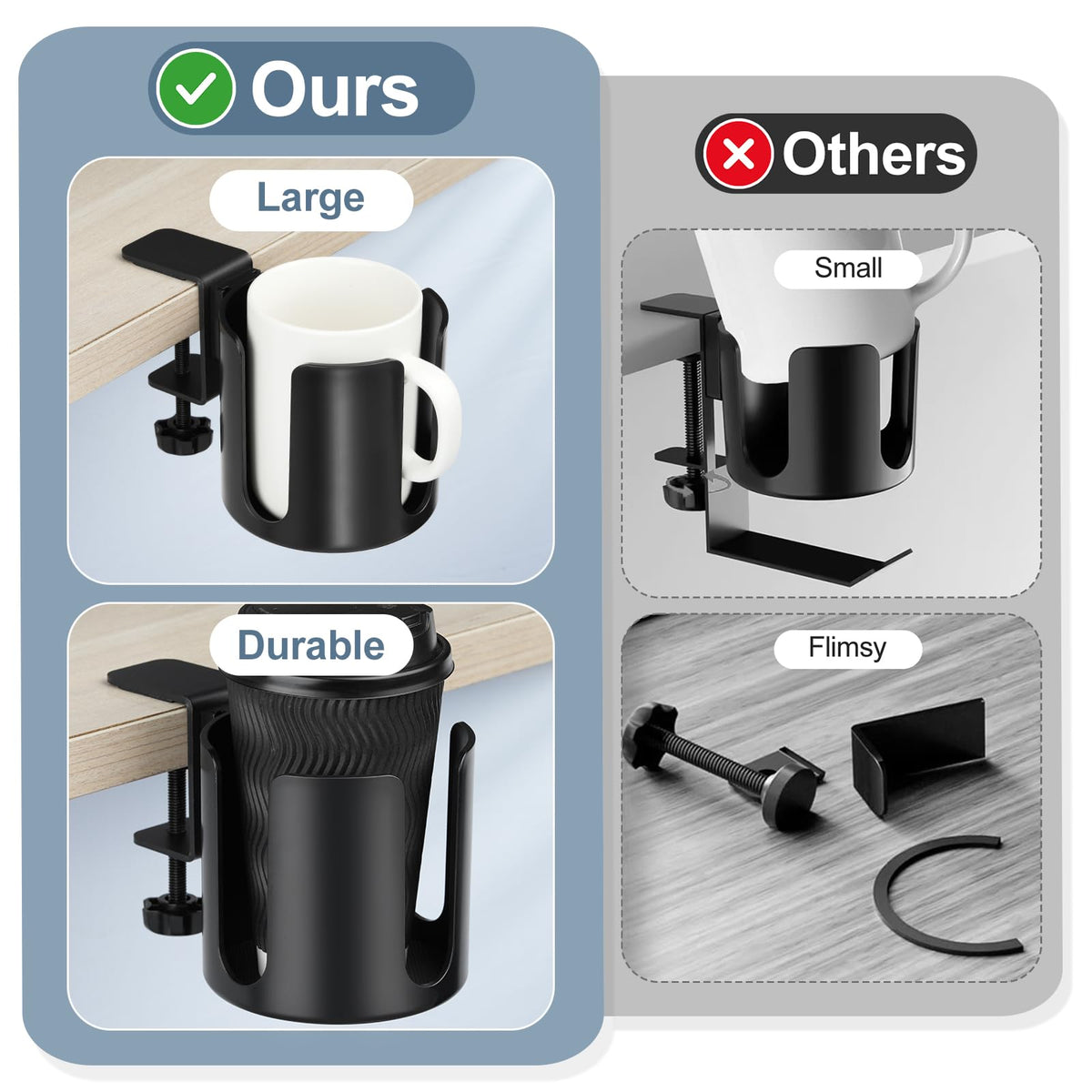 Under Desk Cup Holder with 180 Degree Rotating Plastic Clip Design for Coffee Mugs and Water Bottles