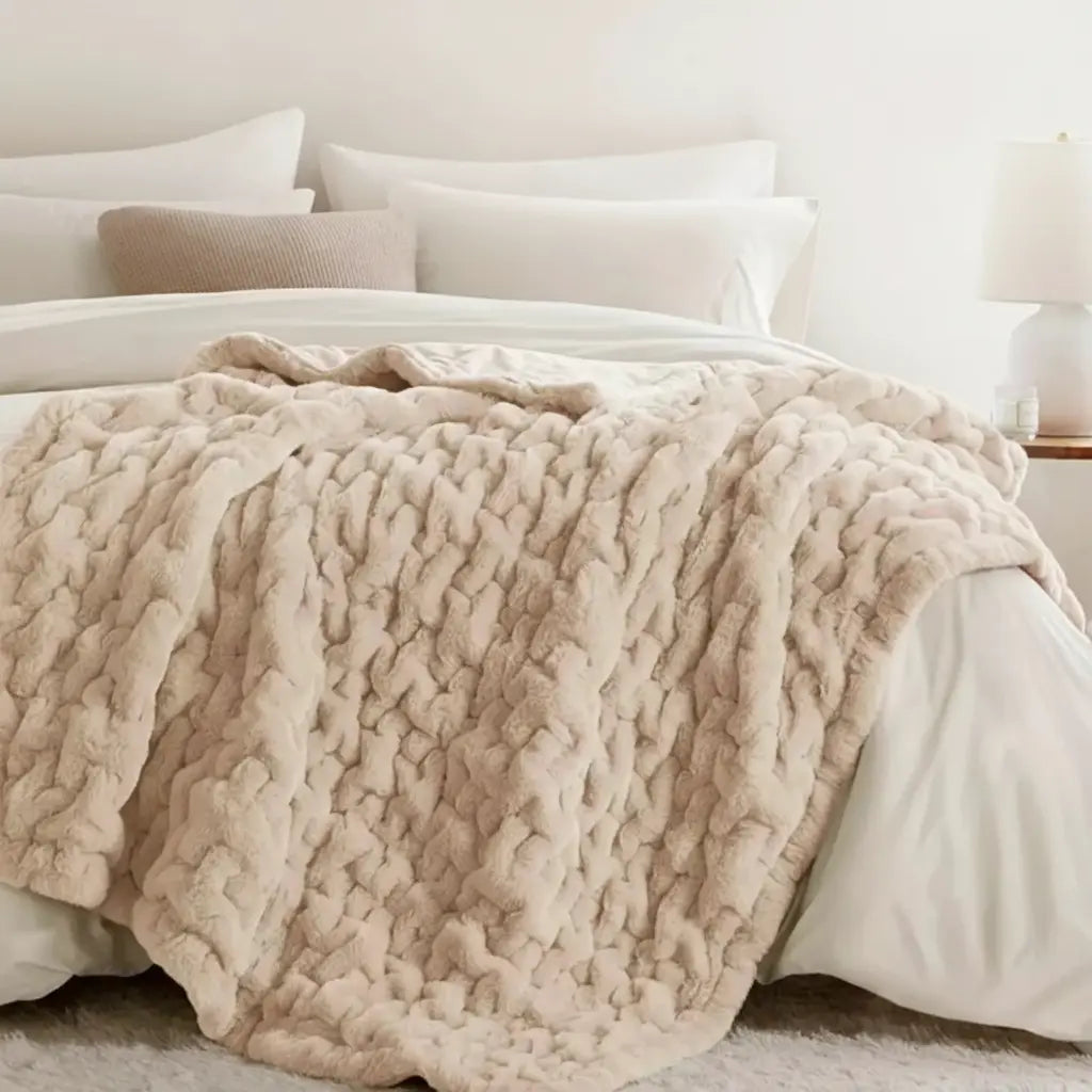 Faux Fur Throw Blanket with Double Sided Ruched Texture for Cozy Everyday Home Use