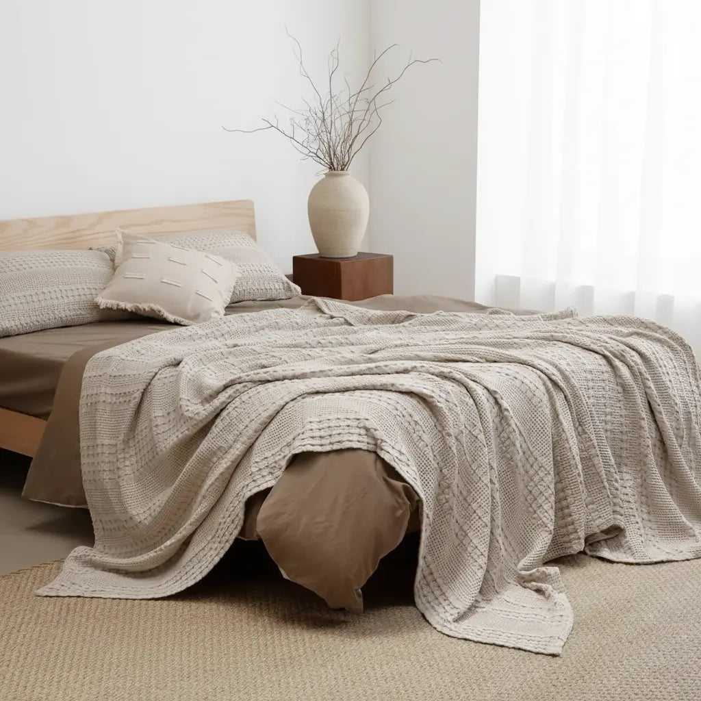 Cotton Waffle Weave Blanket with Lightweight Breathable Design for Summer and Mild Weather Comfort