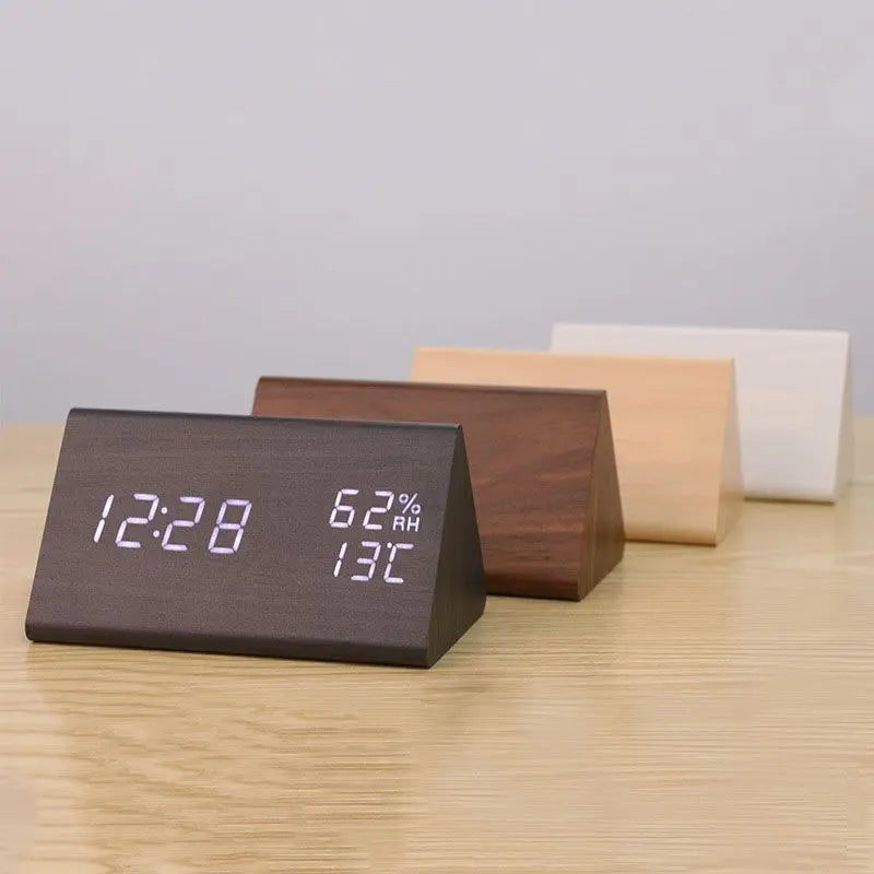 Wooden LED Alarm Clock with USB Charger Temperature Display