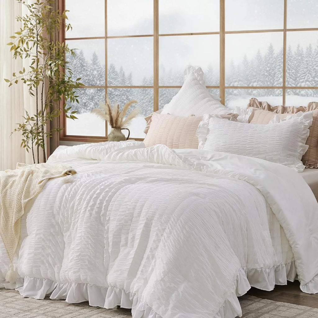 Korean Lace Seersucker Duvet Cover Set with Pillowcases for Bedroom or Guest Room