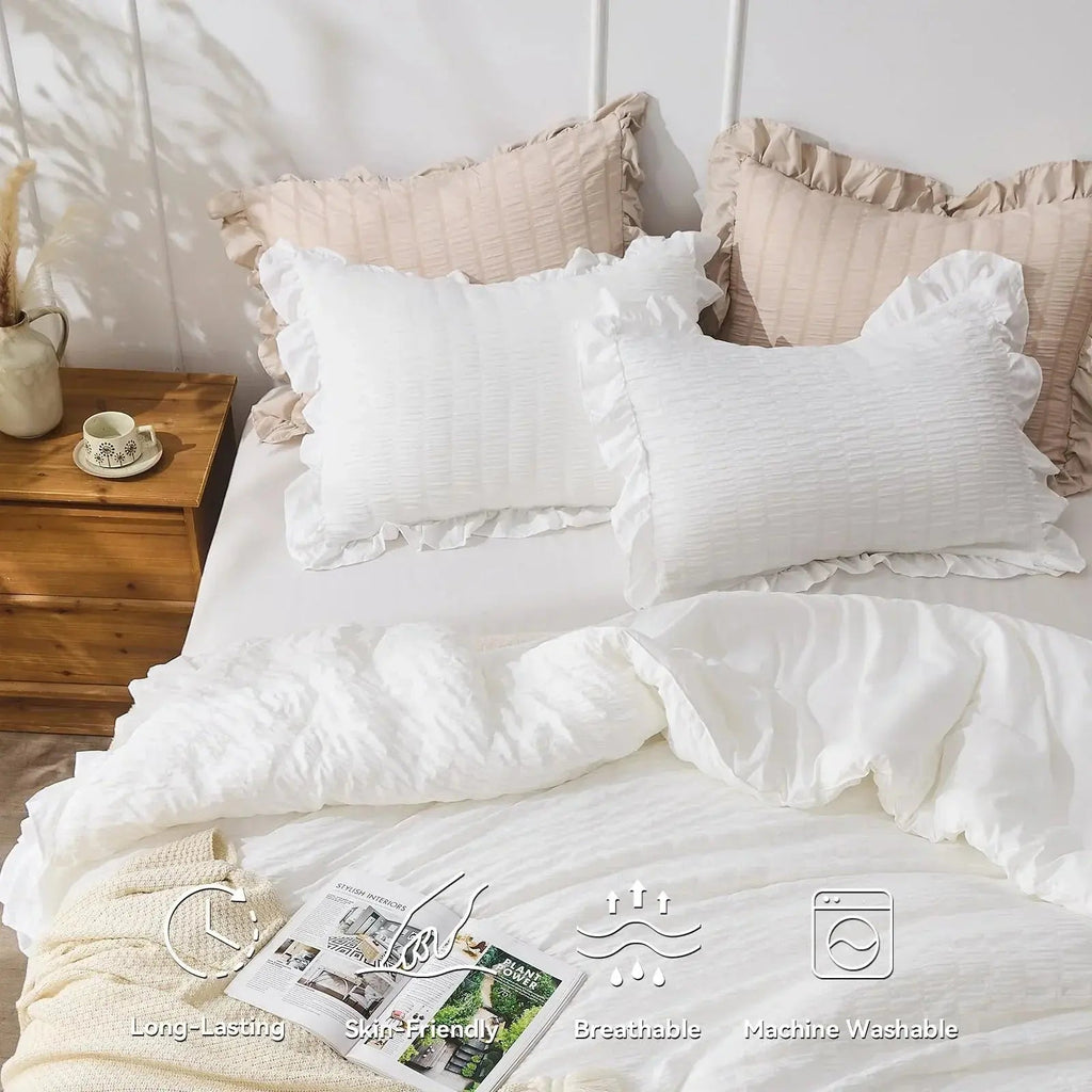 Korean Lace Seersucker Duvet Cover Set with Pillowcases for Bedroom or Guest Room