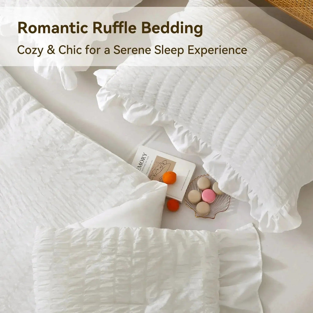 Korean Lace Seersucker Duvet Cover Set with Pillowcases for Bedroom or Guest Room